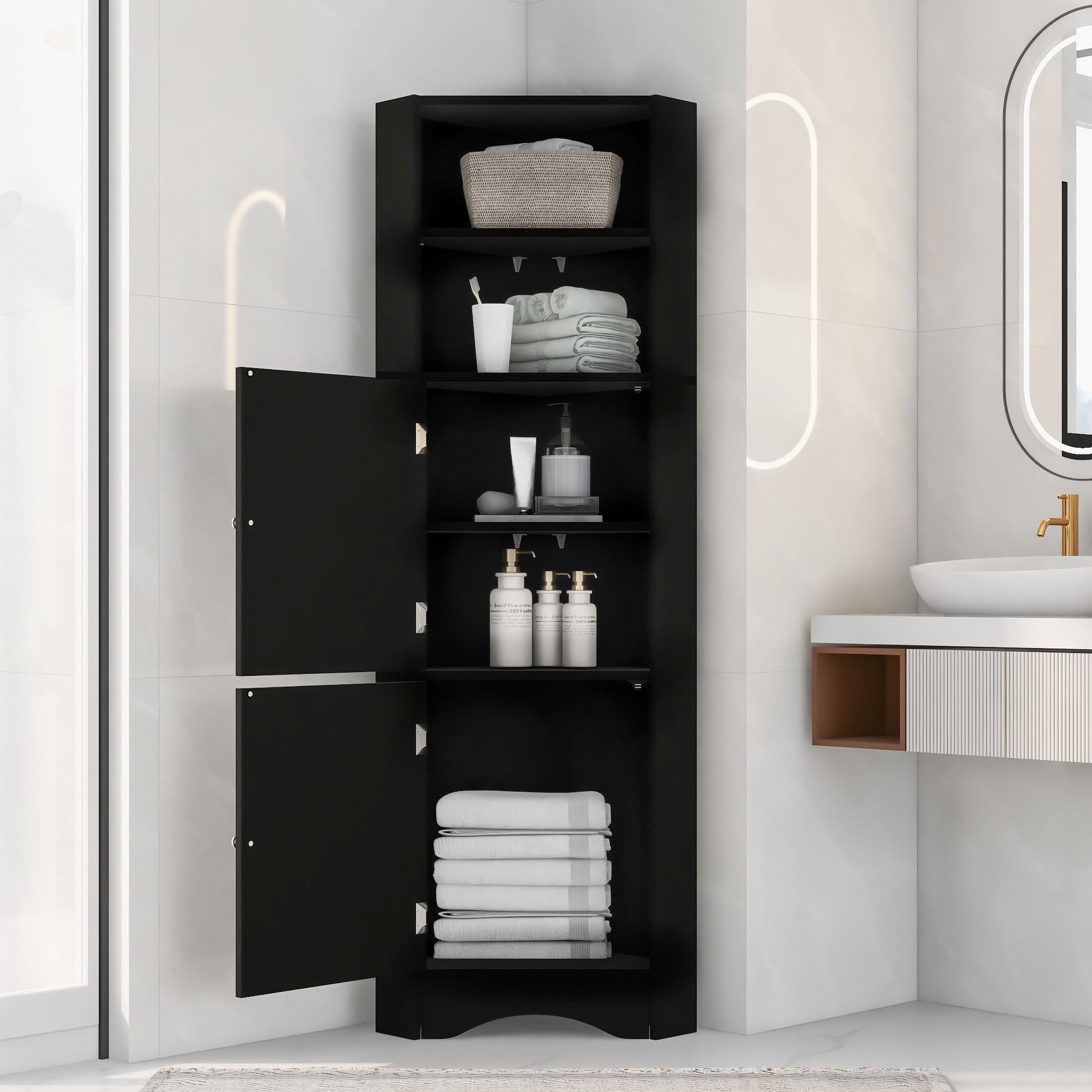 Tall Bathroom Corner Cabinet, Freestanding Storage black-mdf