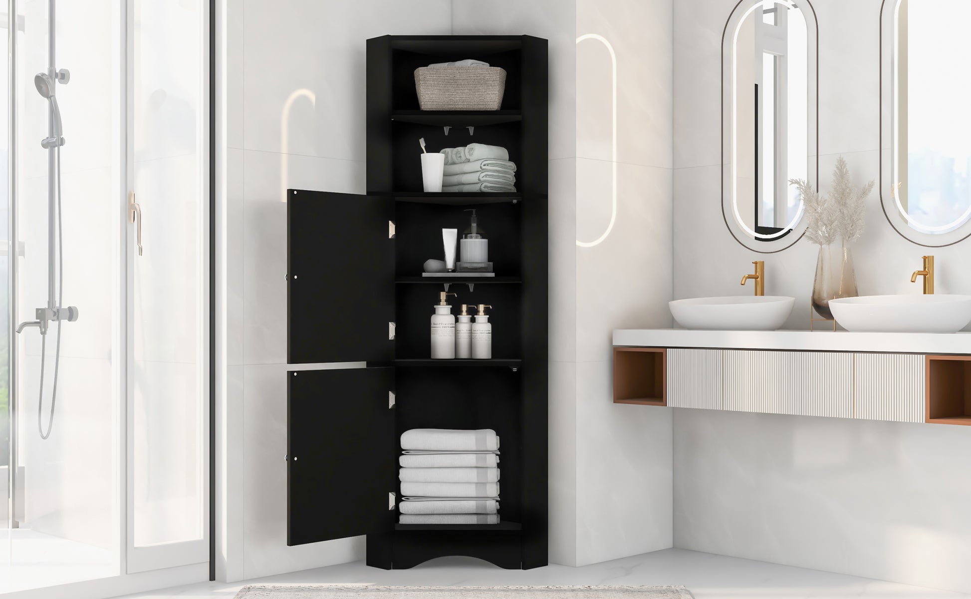 Tall Bathroom Corner Cabinet, Freestanding Storage black-mdf