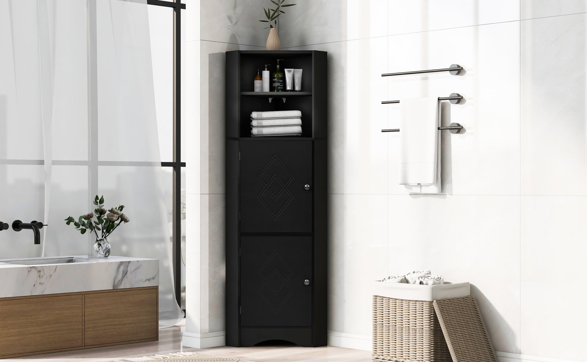 Tall Bathroom Corner Cabinet, Freestanding Storage black-mdf