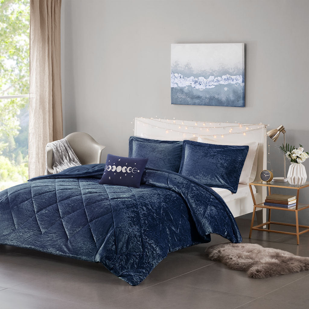 Velvet Comforter Set navy-polyester