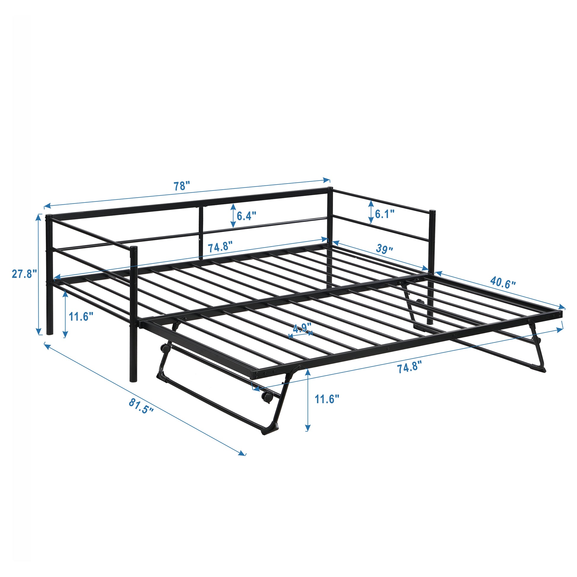 Twin Size Metal Daybed With Adjustable Trundle,