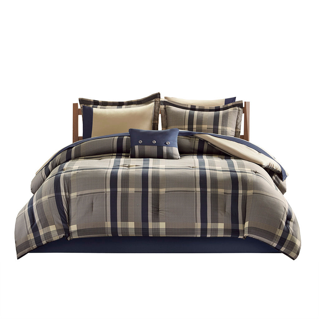 Plaid Comforter Set with Bed Sheets navy multi-polyester