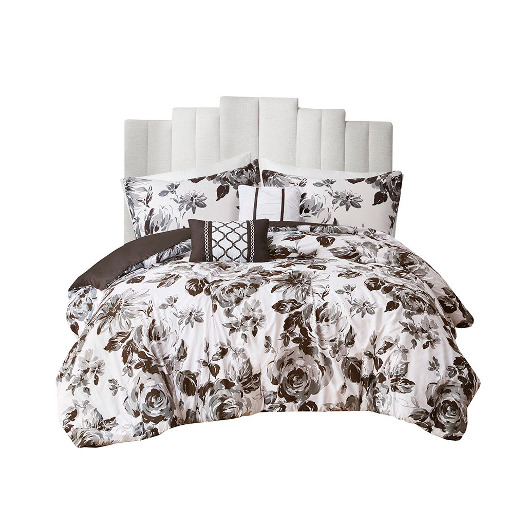 Floral Print Comforter Set white+black-polyester