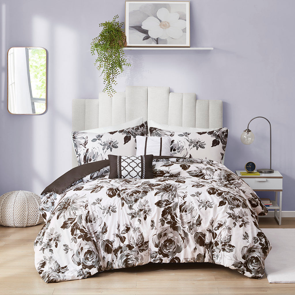 Floral Print Comforter Set white+black-polyester