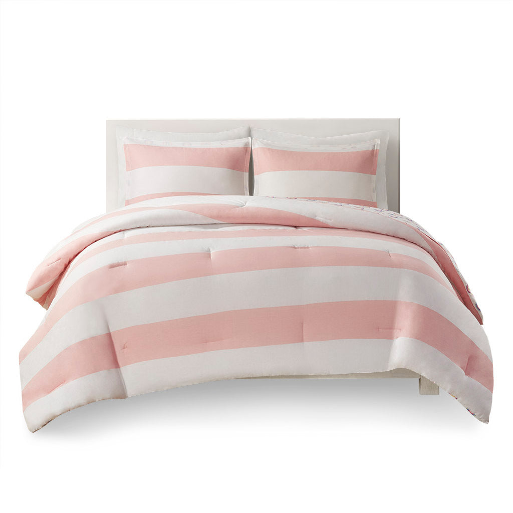 Cotton Cabana Stripe Reversible Comforter Set with pink-cotton