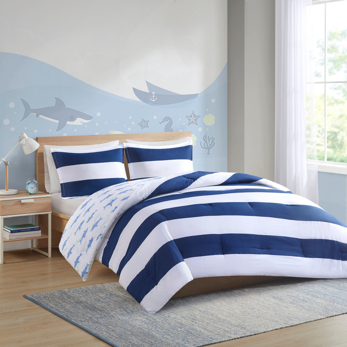 Cotton Cabana Stripe Reversible Comforter Set with navy-cotton