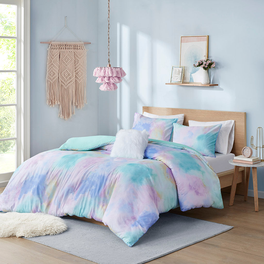 Watercolor Tie Dye Printed Duvet Cover Set with Throw aqua-polyester