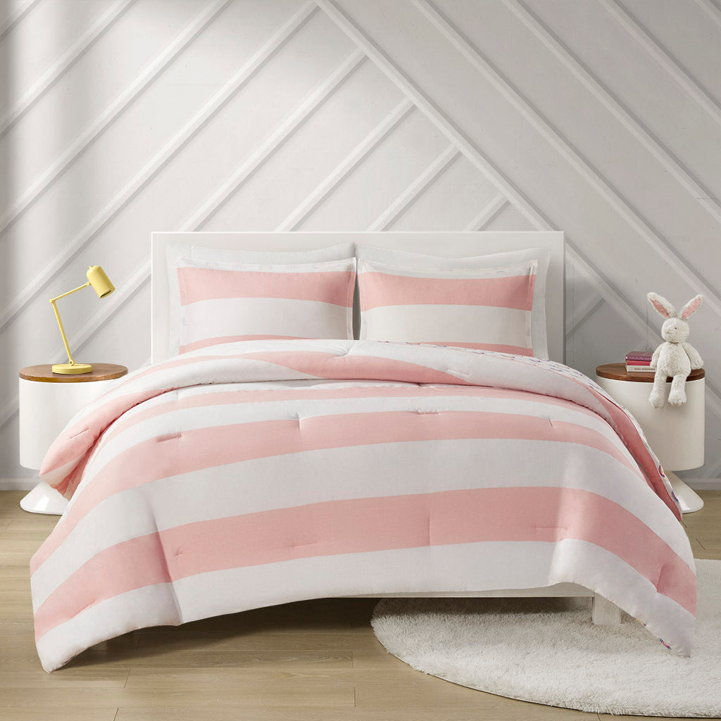 Cotton Cabana Stripe Reversible Comforter Set with pink-cotton