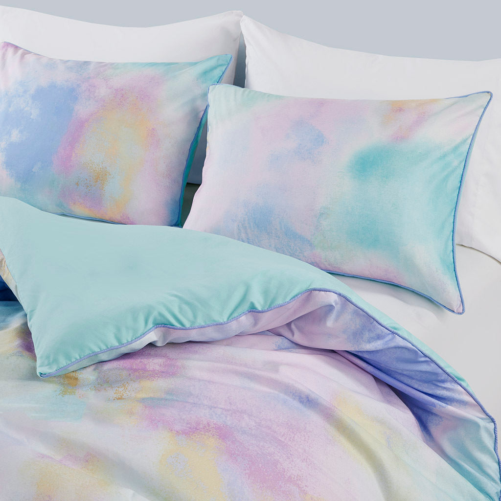 Watercolor Tie Dye Printed Duvet Cover Set with Throw aqua-polyester