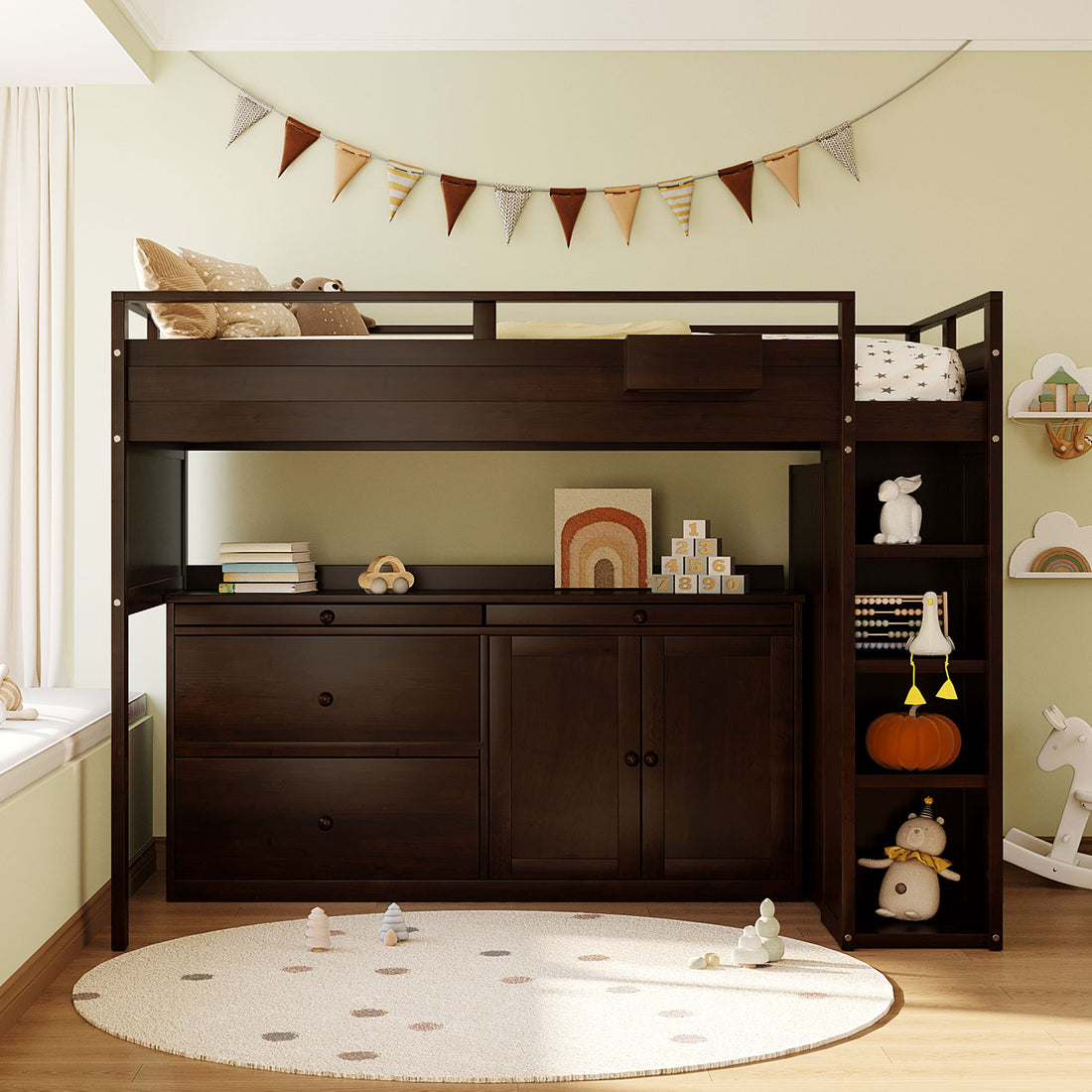 Loft Bed With Rolling Cabinet And Desk Espresso -