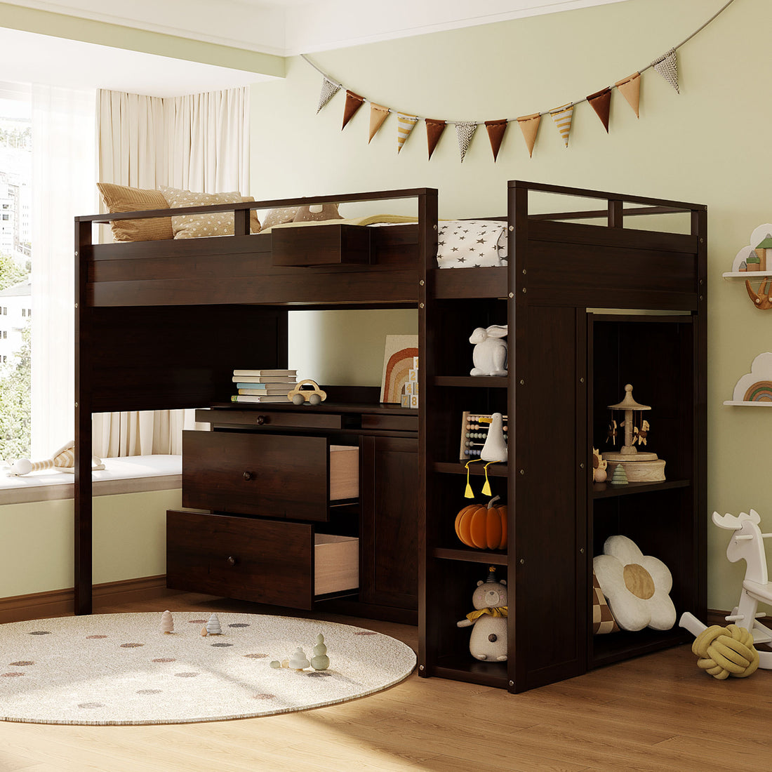 Loft Bed With Rolling Cabinet And Desk Espresso -