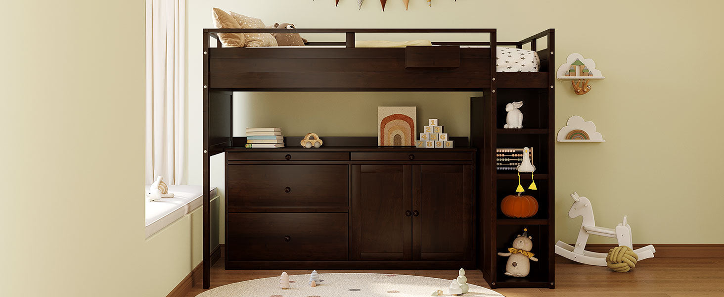 Loft Bed With Rolling Cabinet And Desk Espresso -