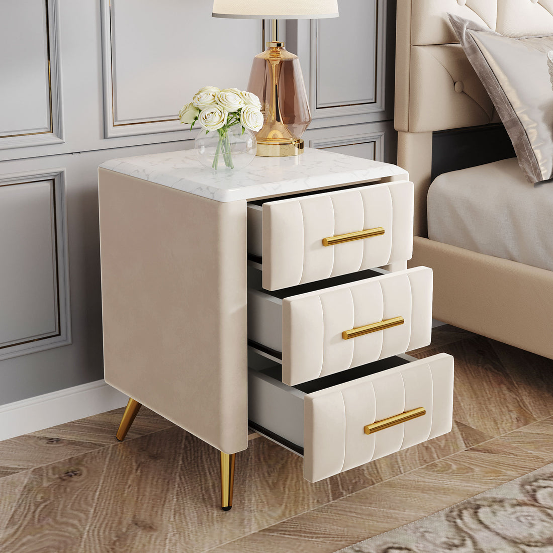 Upholstered Wooden Nightstand With 3 Drawers And