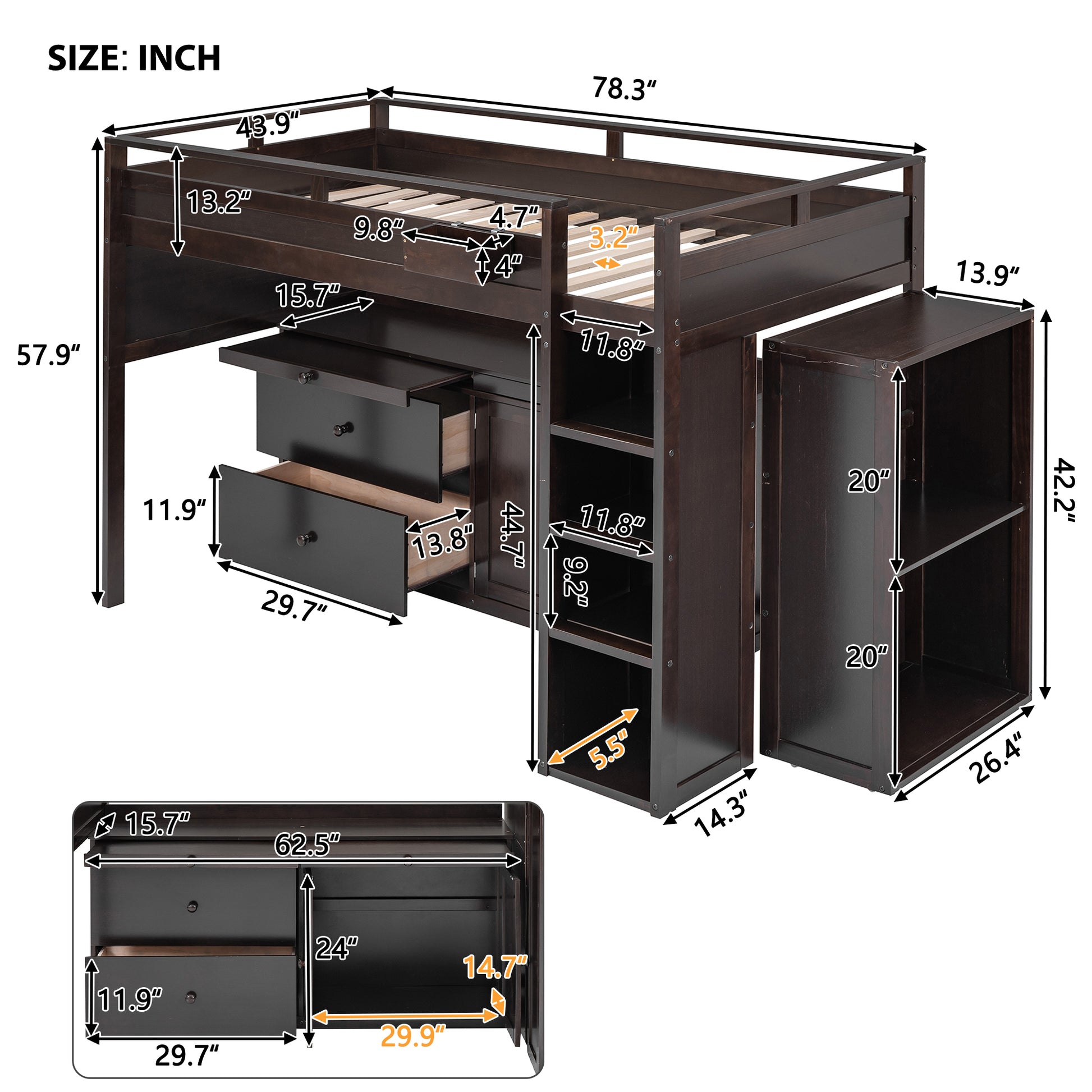 Loft Bed With Rolling Cabinet And Desk Espresso -