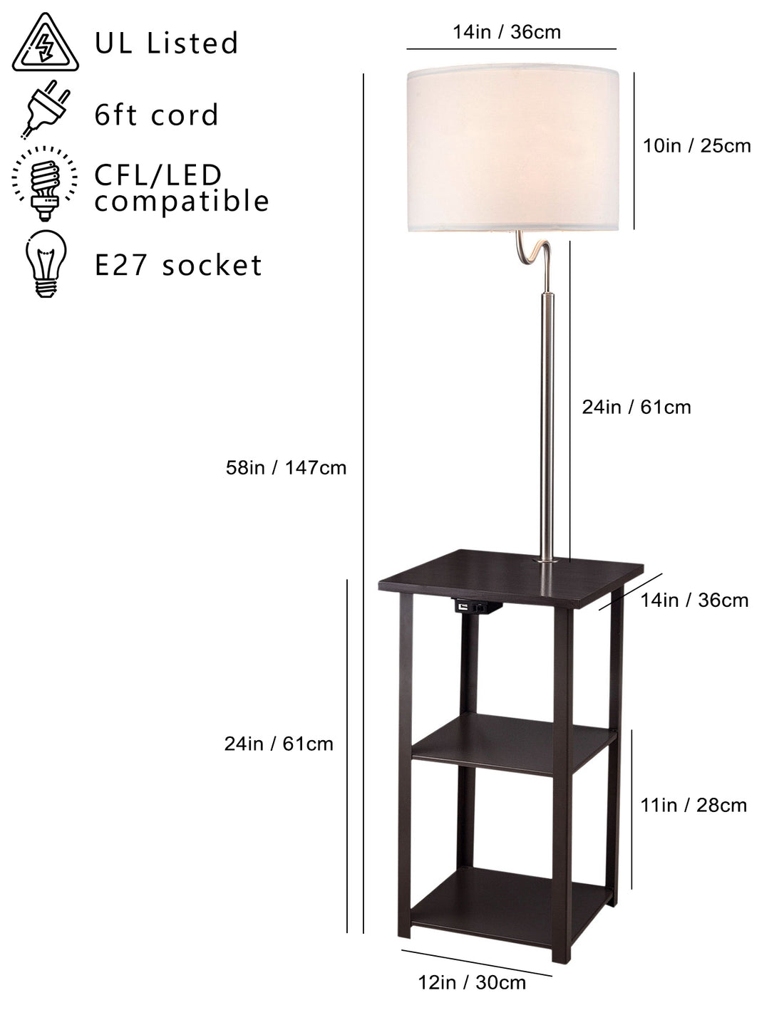 58" Squared Sofa Side Shelves Table Lamp w Power