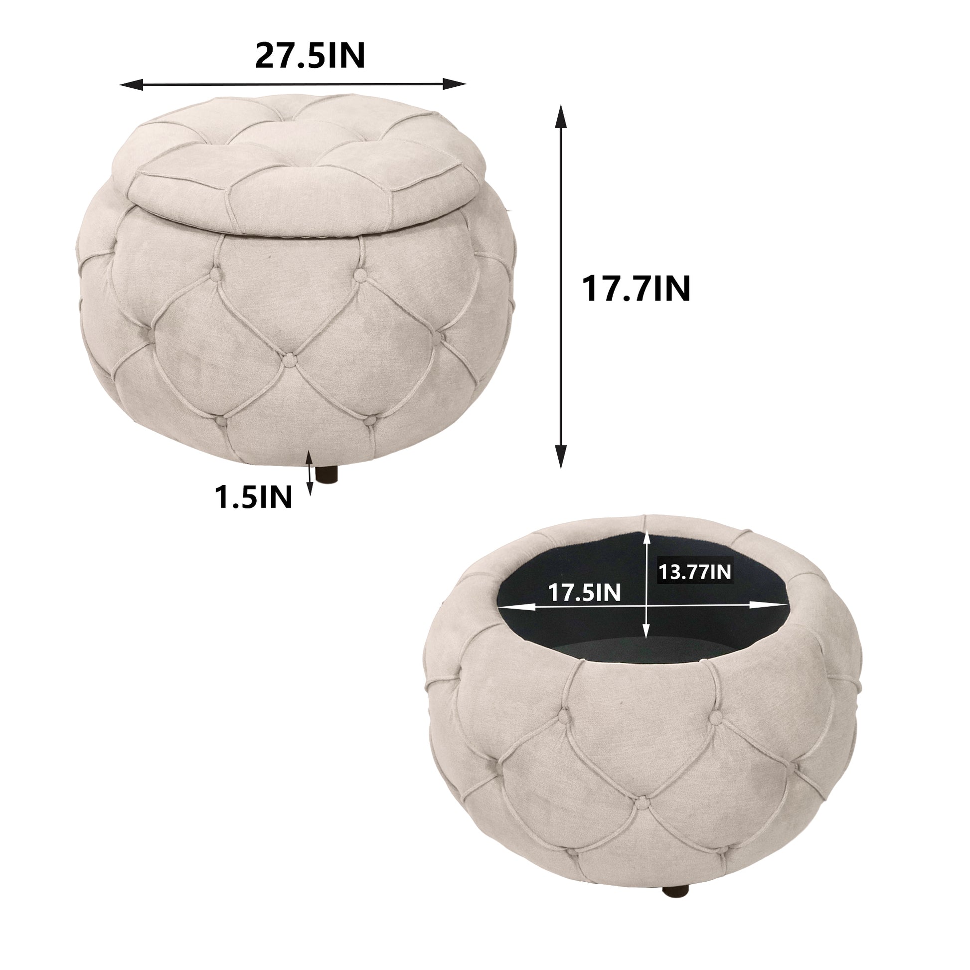 Large Button Tufted Woven Round Storage Ottoman for beige-burlap