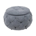 Large Button Tufted Woven Round Storage Ottoman for grey-burlap