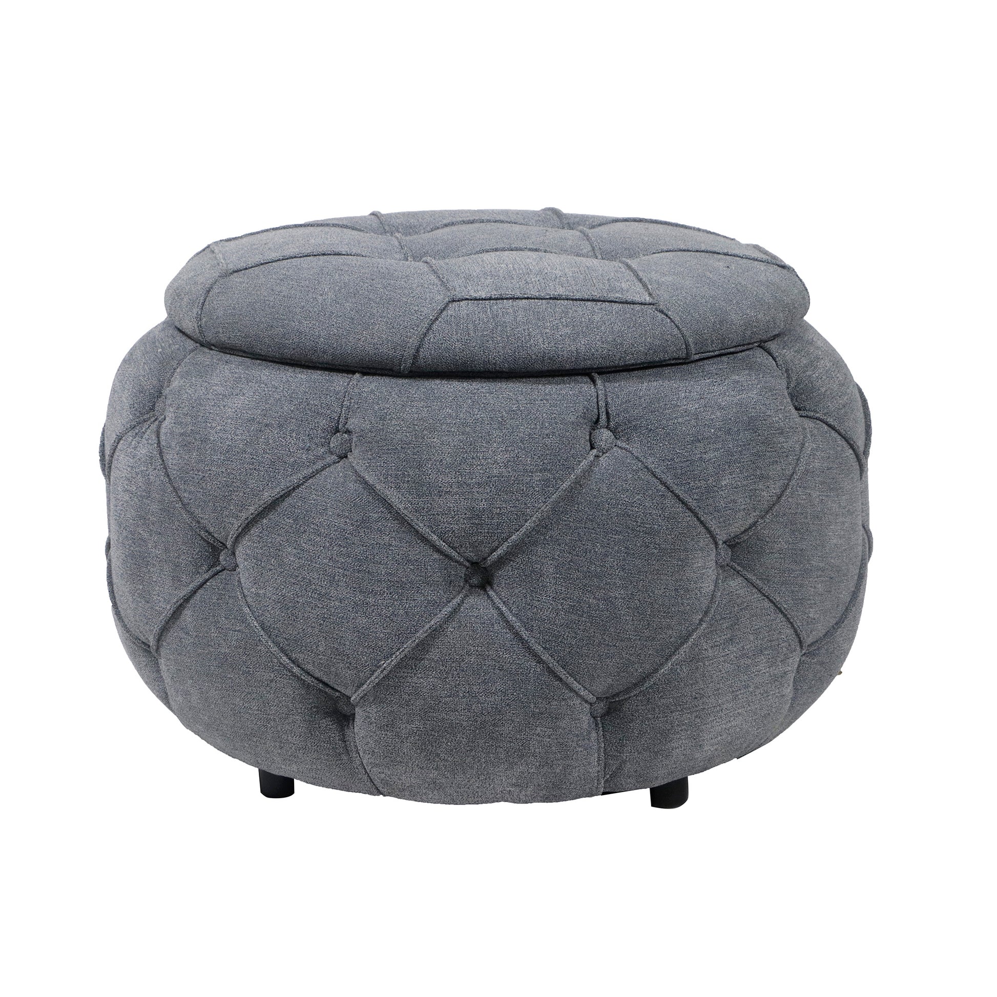 Large Button Tufted Woven Round Storage Ottoman for grey-burlap