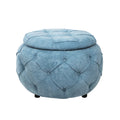 Large Button Tufted Woven Round Storage Ottoman for blue-burlap