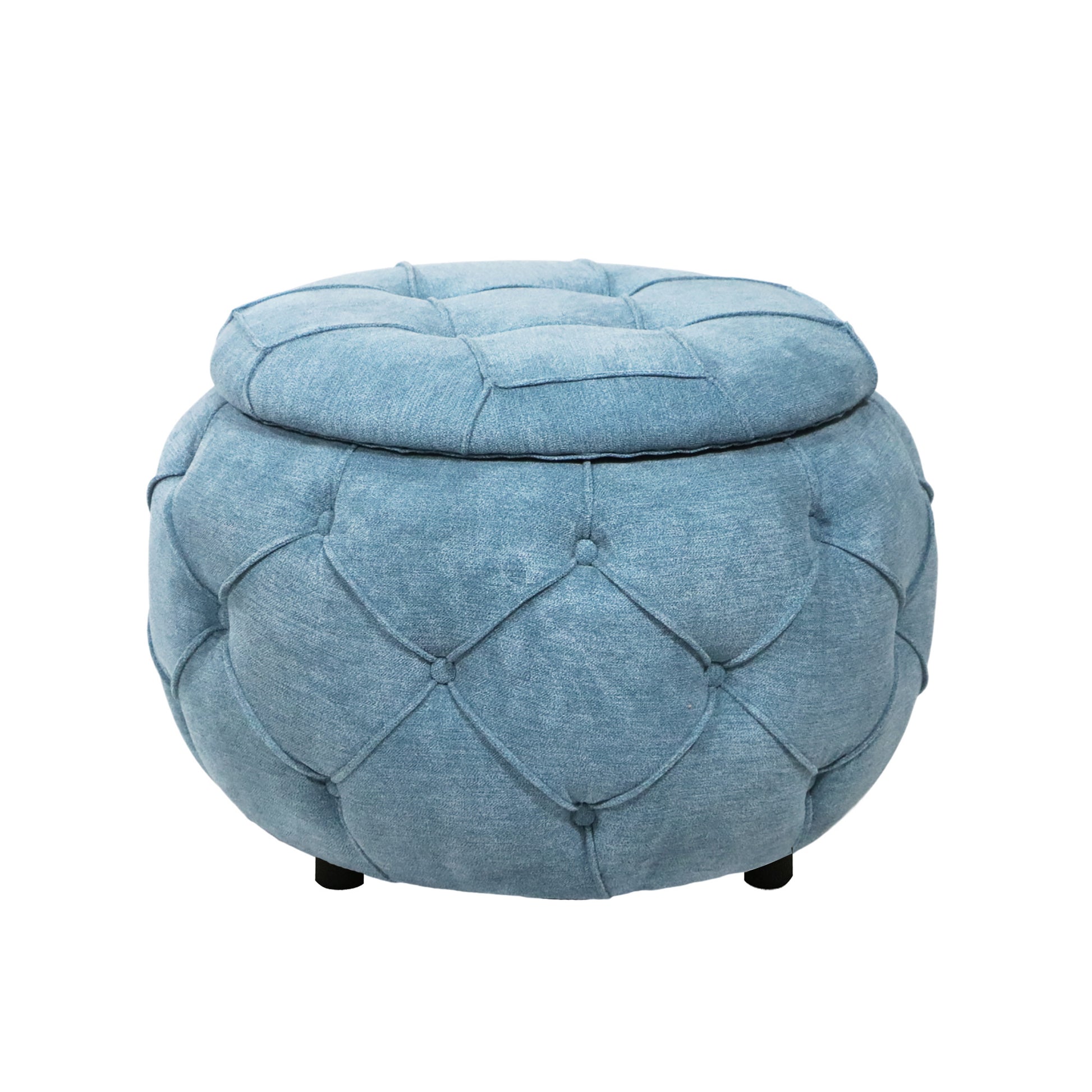 Large Button Tufted Woven Round Storage Ottoman for blue-burlap