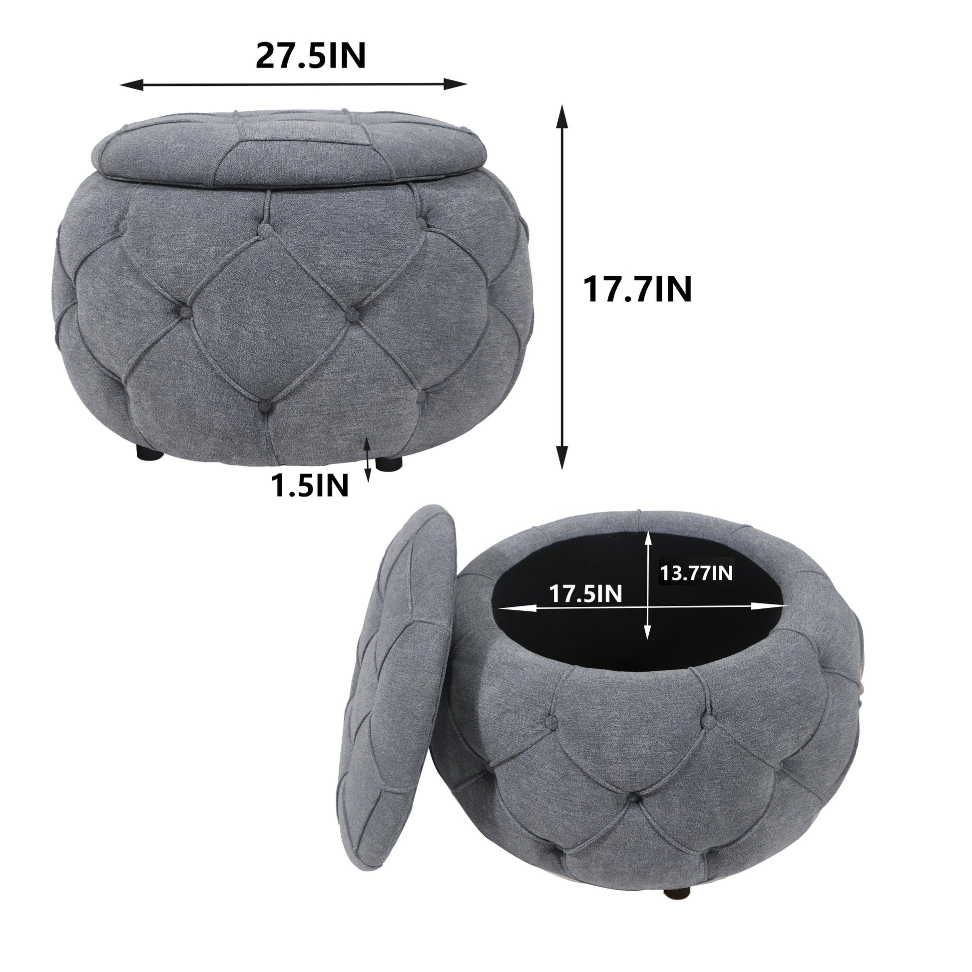 Large Button Tufted Woven Round Storage Ottoman for grey-burlap