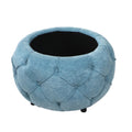 Large Button Tufted Woven Round Storage Ottoman for blue-burlap