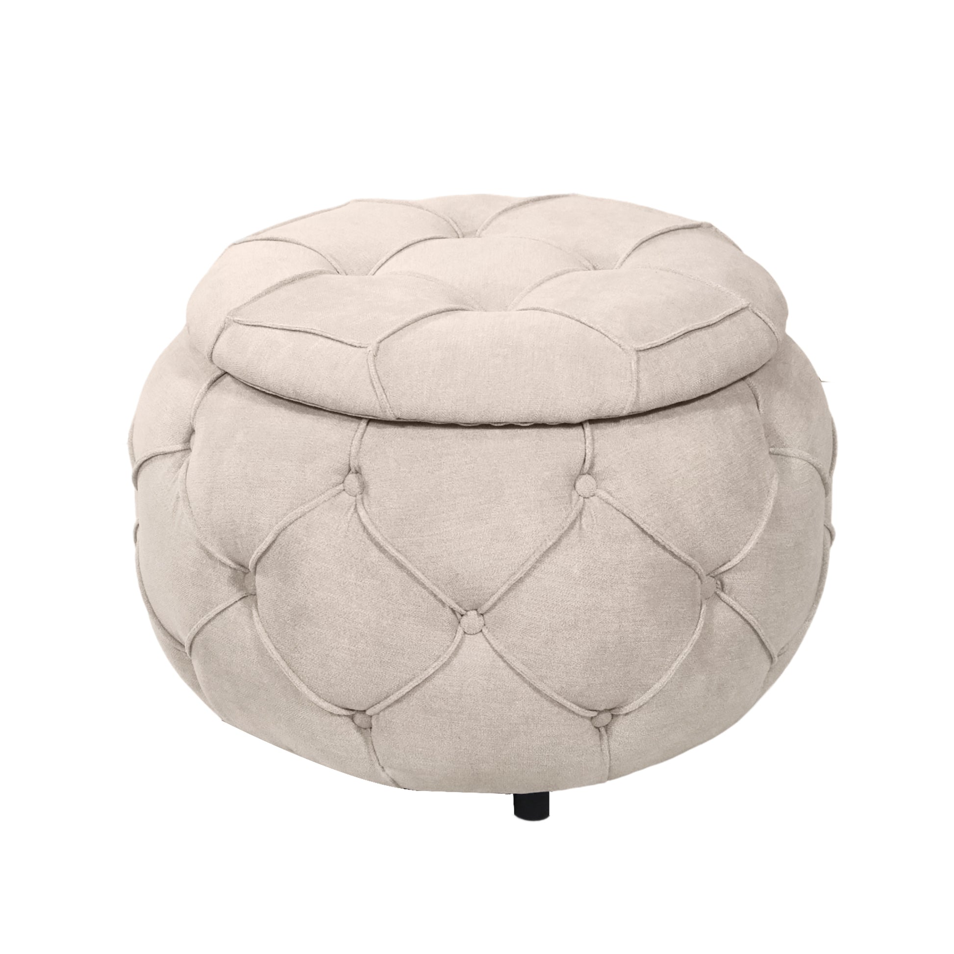 Large Button Tufted Woven Round Storage Ottoman for beige-burlap