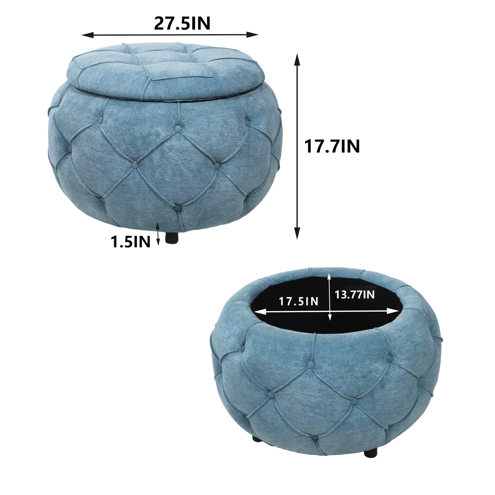 Large Button Tufted Woven Round Storage Ottoman for blue-burlap