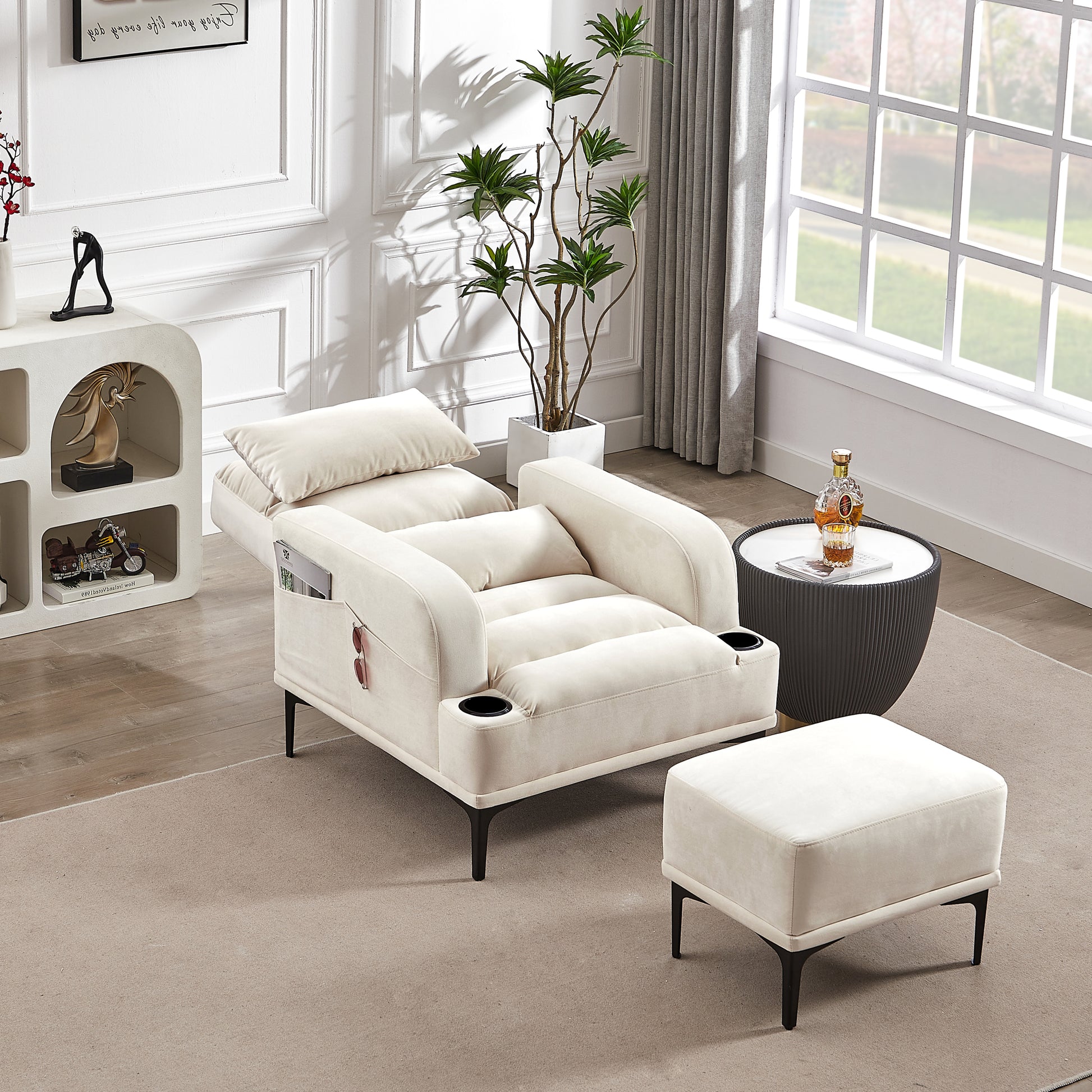 Accent Chairs with Ottoman, Velvet Fabric Armchair ivory-foam-velvet