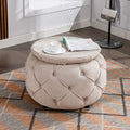 Large Button Tufted Woven Round Storage Ottoman for beige-burlap