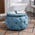 Large Button Tufted Woven Round Storage Ottoman for blue-burlap