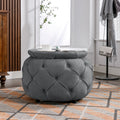 Large Button Tufted Woven Round Storage Ottoman for grey-burlap