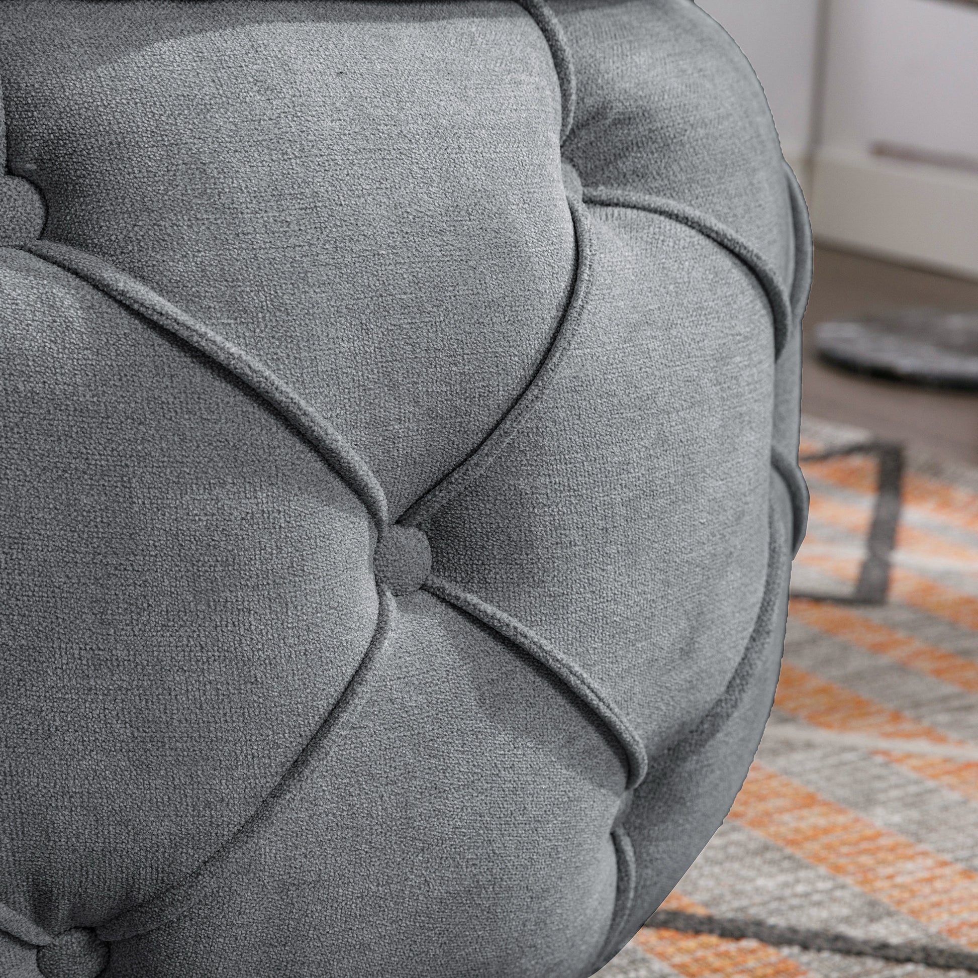 Large Button Tufted Woven Round Storage Ottoman for grey-burlap