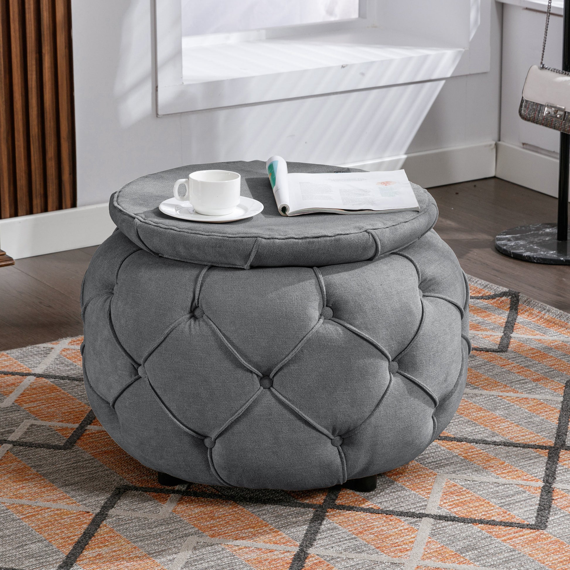 Large Button Tufted Woven Round Storage Ottoman for grey-burlap