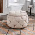 Large Button Tufted Woven Round Storage Ottoman for beige-burlap