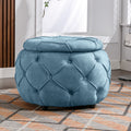 Large Button Tufted Woven Round Storage Ottoman for blue-burlap