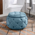 Large Button Tufted Woven Round Storage Ottoman for blue-burlap