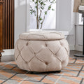 Large Button Tufted Woven Round Storage Ottoman for beige-burlap