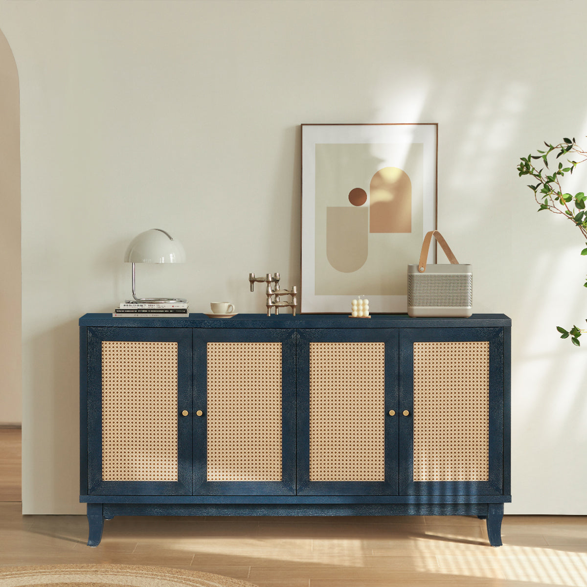 Handcrafted Premium Grain Panels,Rattan Sideboard antique navy blue-mdf