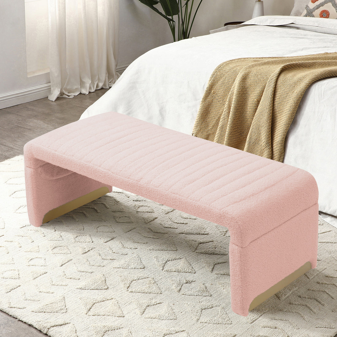 47.2'' Width Modern Ottoman Bench, Upholstered Sherpa pink-polyester