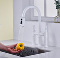 Bridge Kitchen Faucet with Pull Down Sprayhead in Spot white-brass