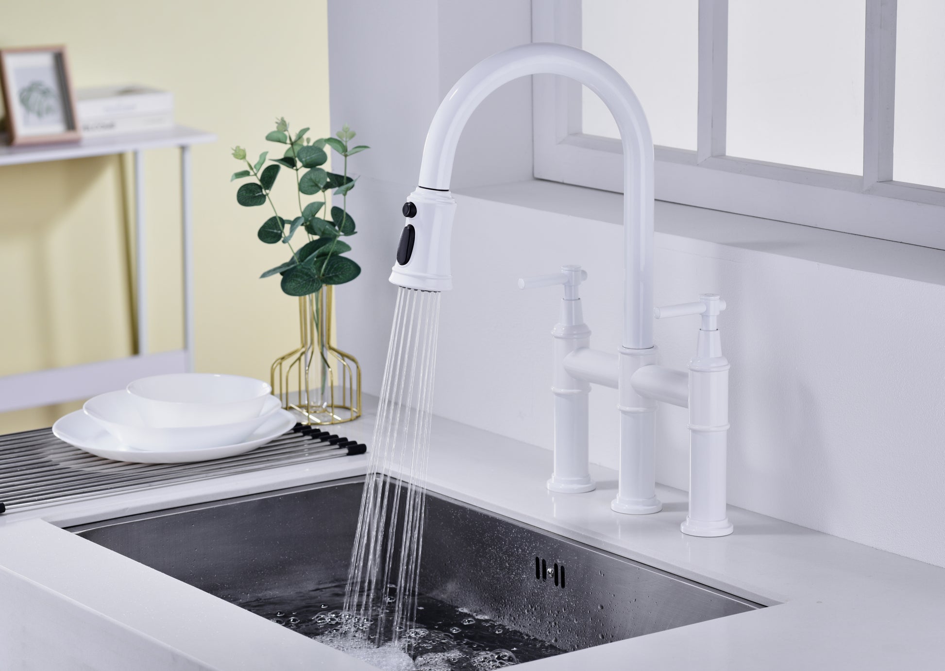 Bridge Kitchen Faucet with Pull Down Sprayhead in Spot white-brass