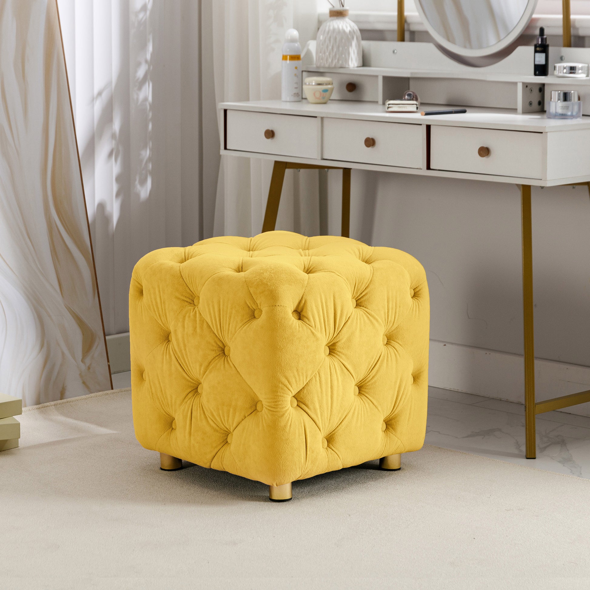 Yellow Modern Velvet Upholstered Ottoman, Exquisite yellow-velvet