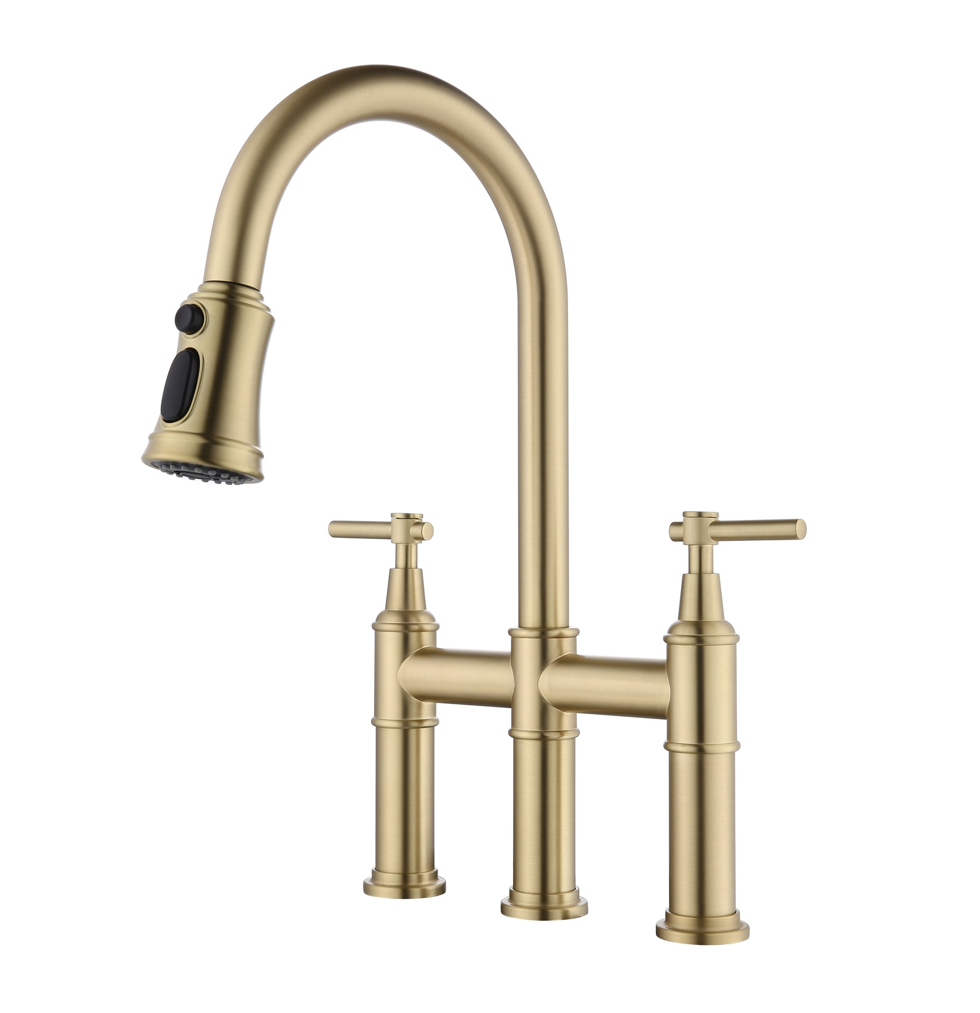 Bridge Kitchen Faucet with Pull Down Sprayhead in Spot gold-brass