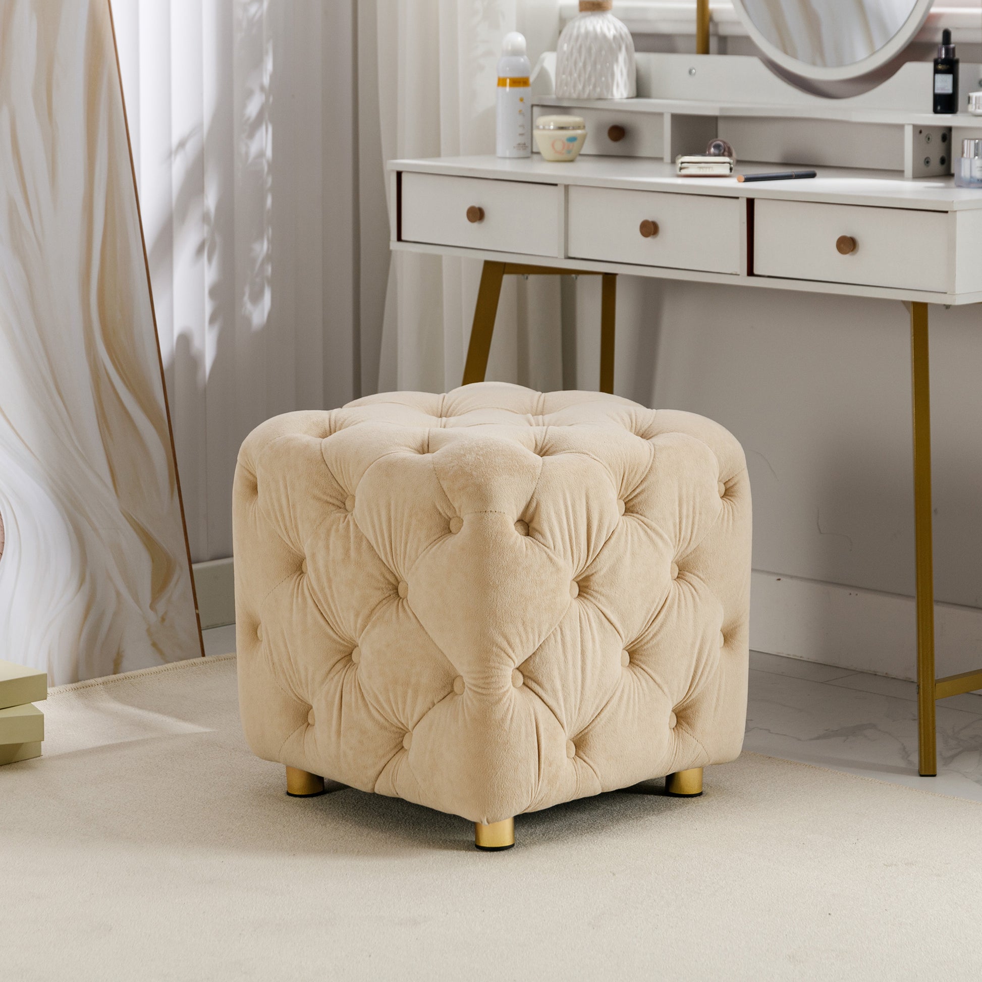 Beige Modern Velvet Upholstered Ottoman, Exquisite beige-velvet