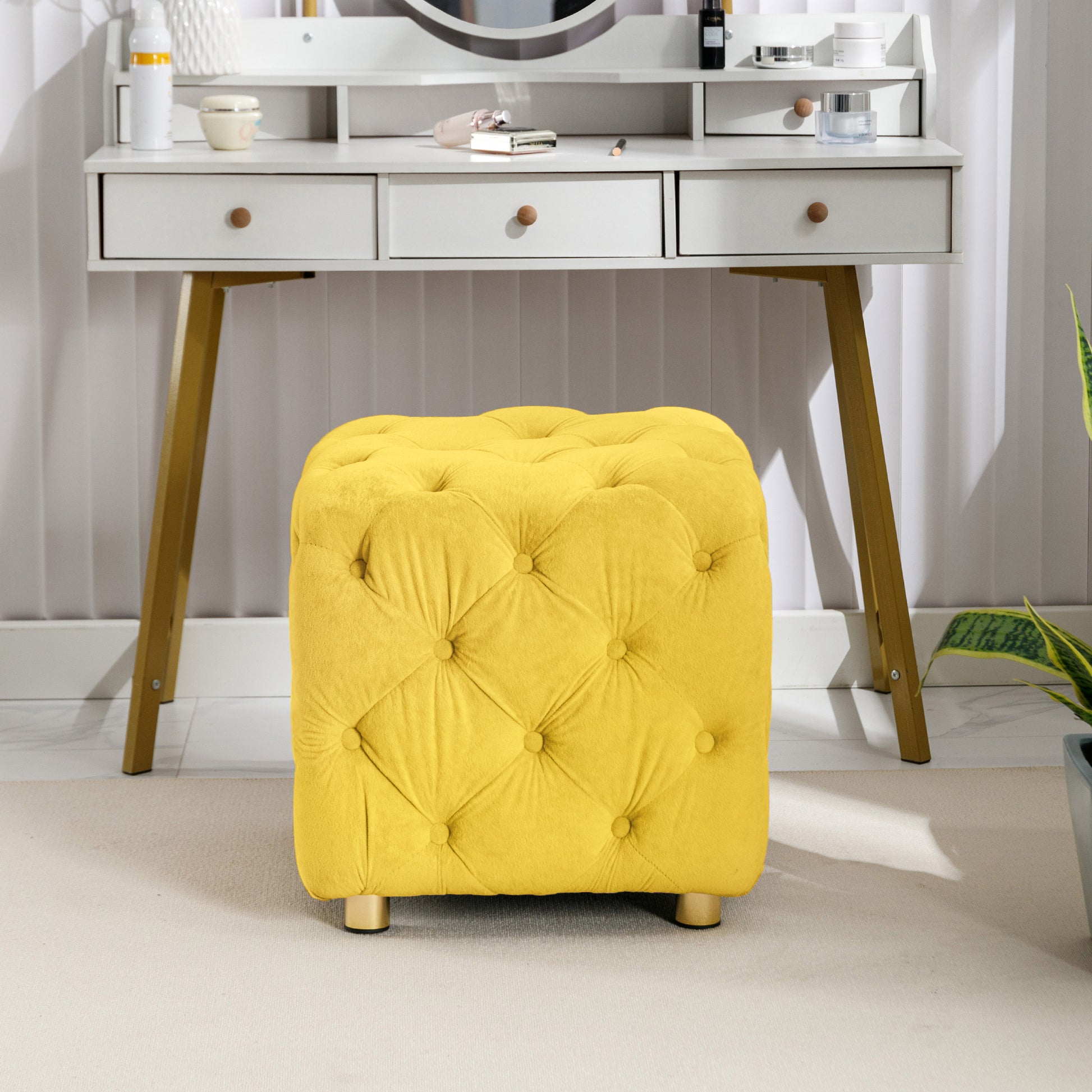 Yellow Modern Velvet Upholstered Ottoman, Exquisite yellow-velvet