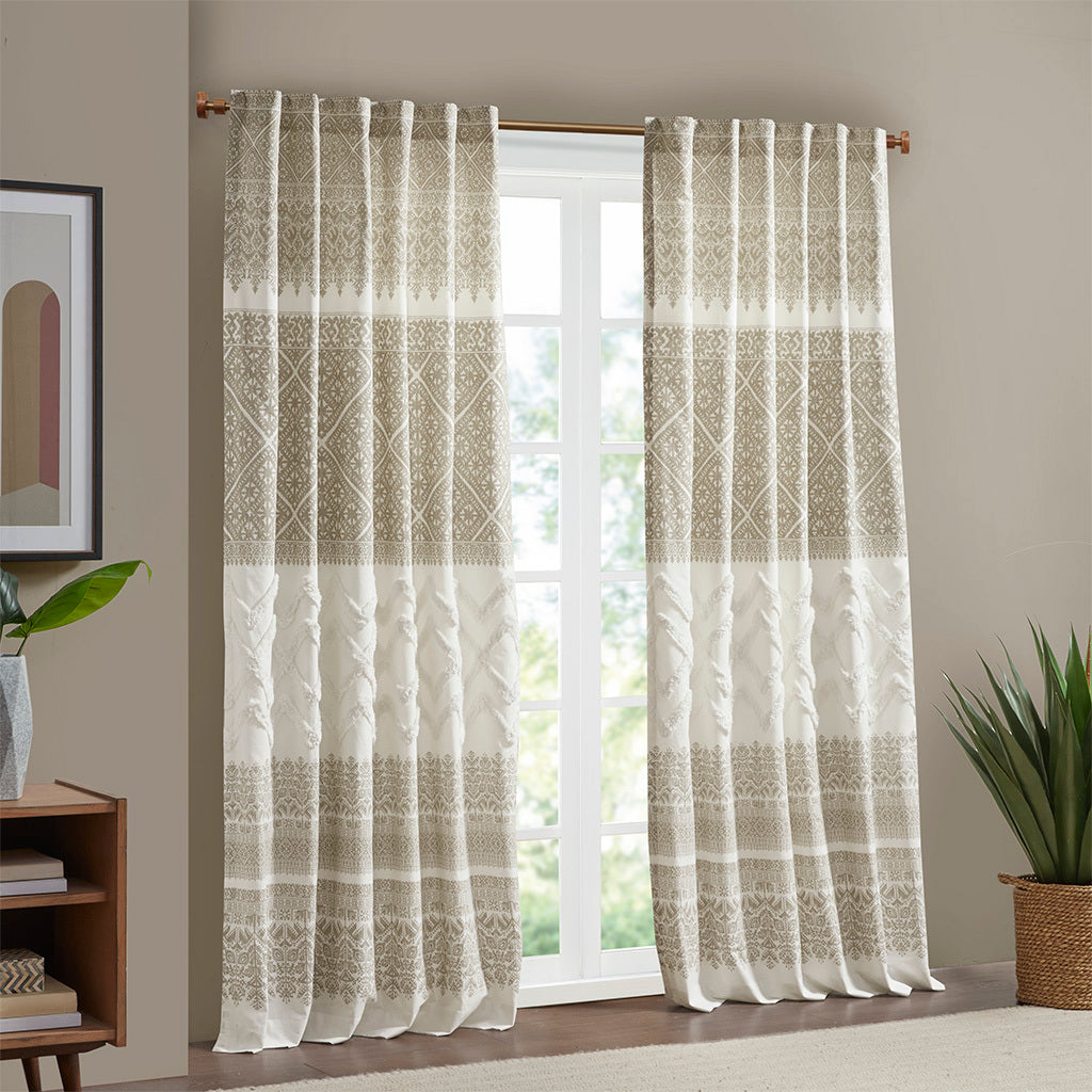 Cotton Printed Curtain Panel with Chenille detail and taupe-cotton