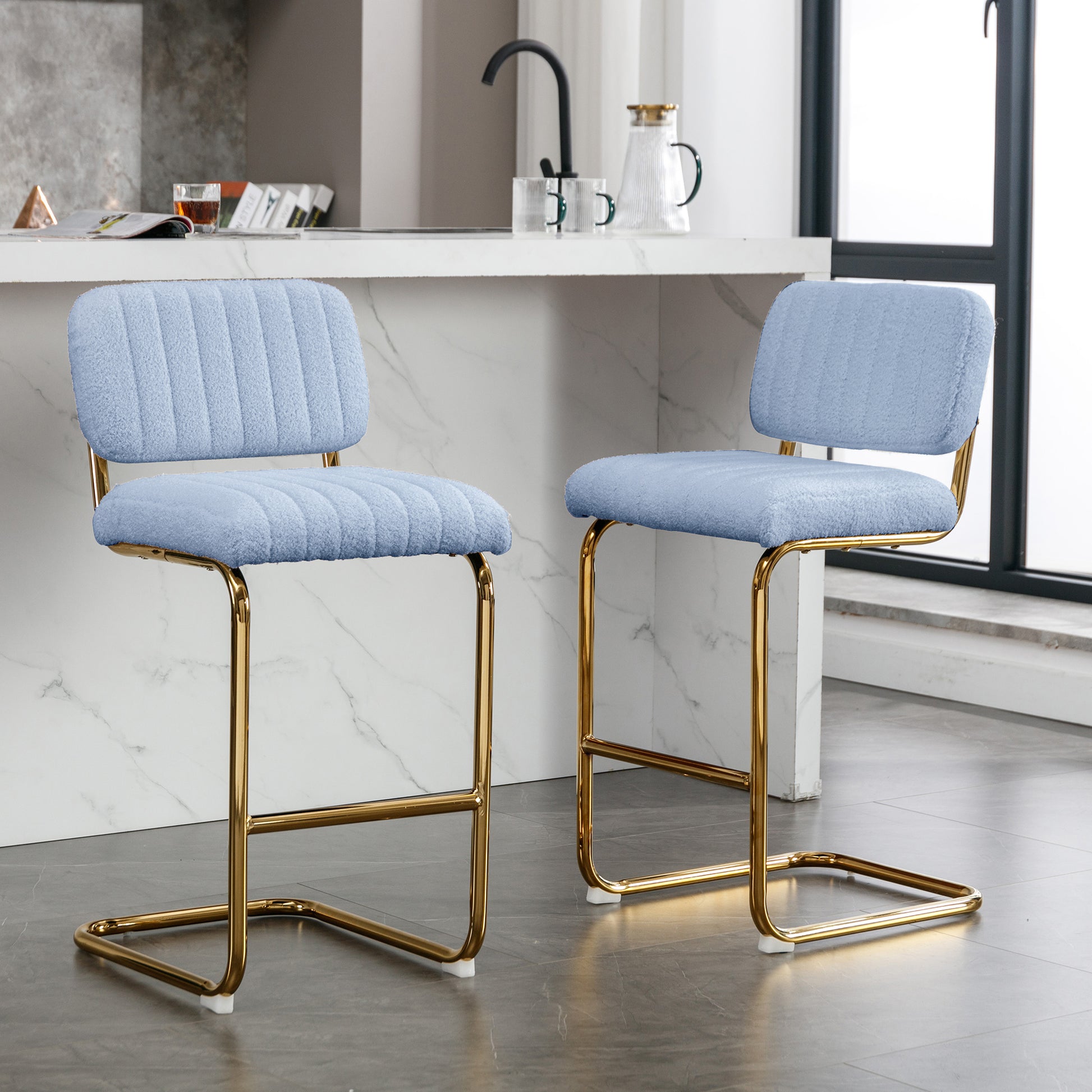 Mid Century Modern Counter Height Bar Stools for blue-faux fur