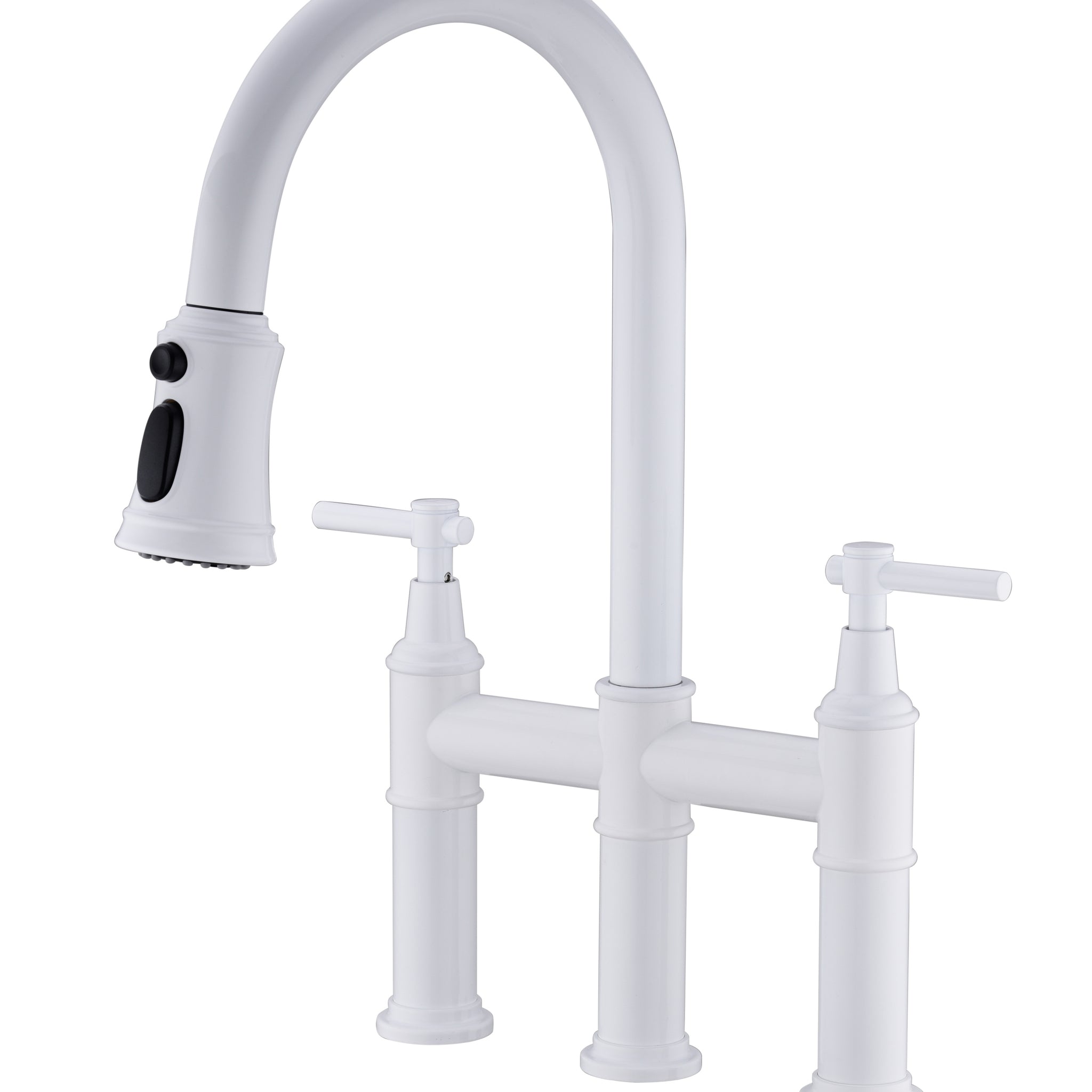 Bridge Kitchen Faucet with Pull Down Sprayhead in Spot white-brass