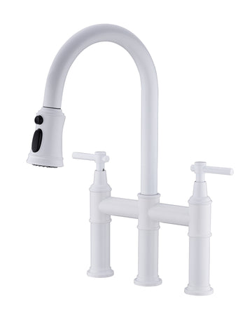 Bridge Kitchen Faucet with Pull Down Sprayhead in Spot white-brass